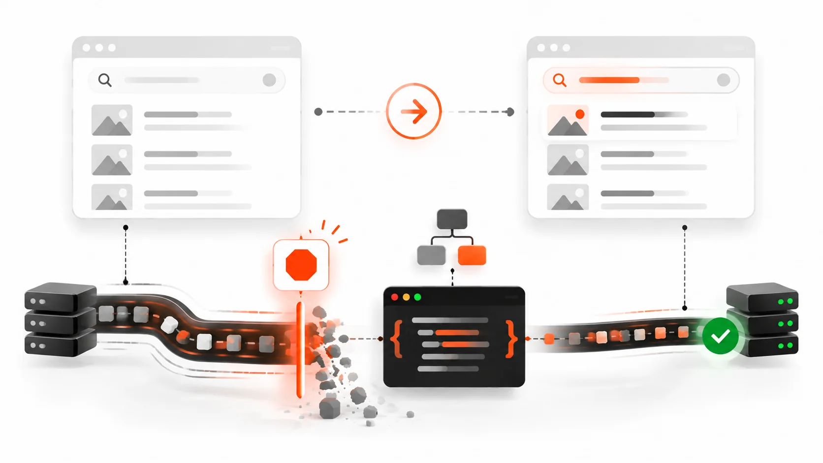 Infographic of React effect cleanup aborting a fetch when the user changes route or search query