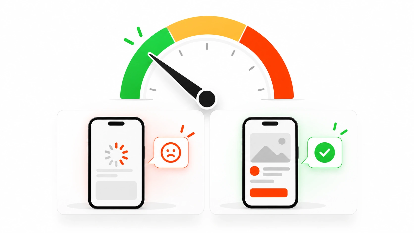Infographic of a responsiveness gauge comparing a slow page response with a fast one
