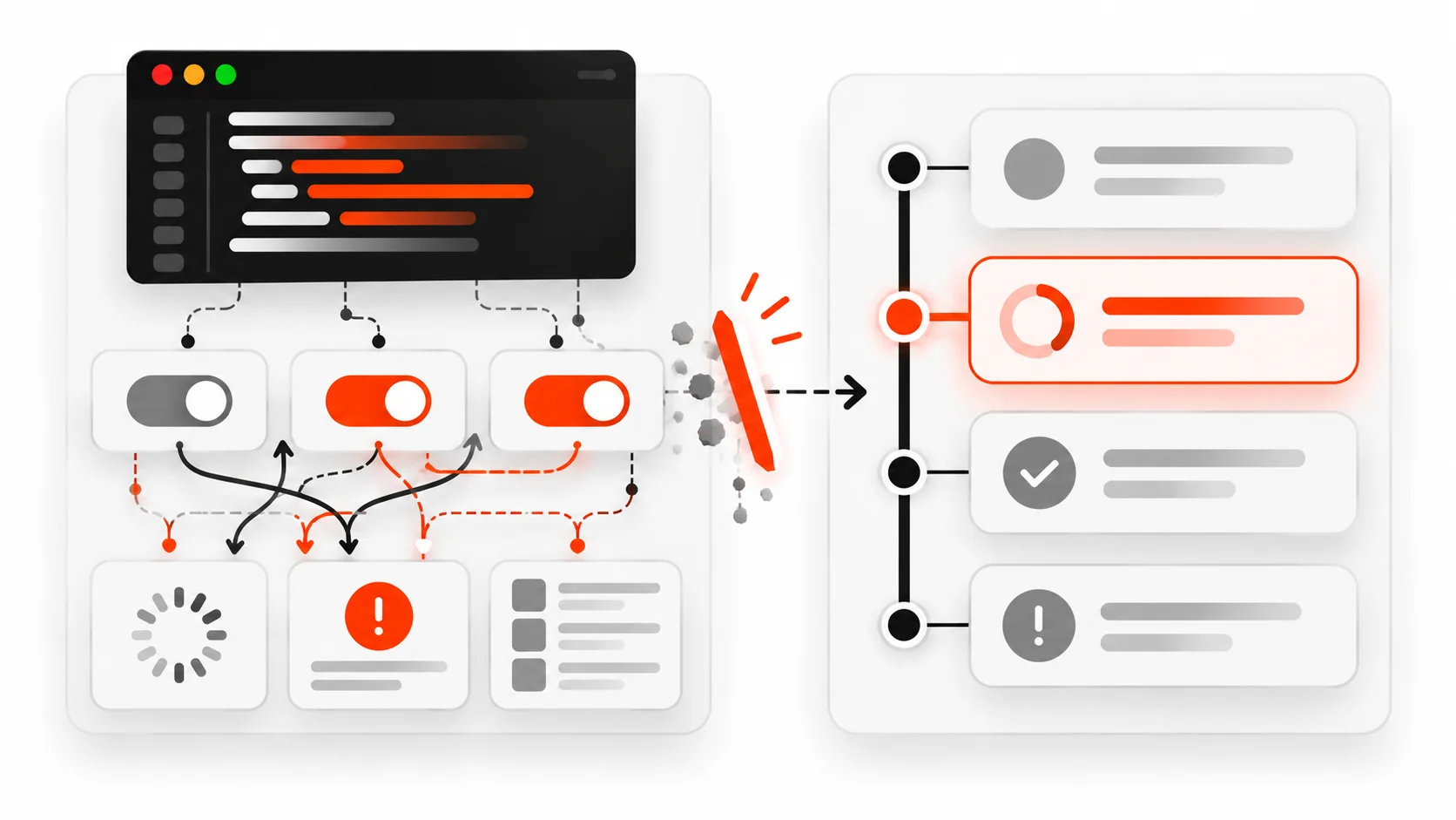 Infographic comparing boolean soup UI state with a clean discriminated union of idle loading success and error