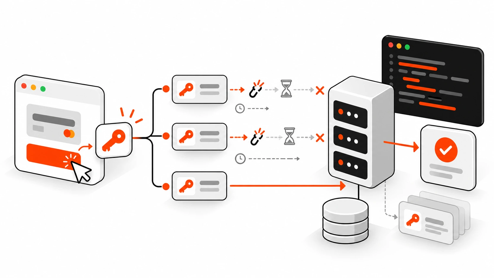 Infographic showing a client creating one idempotency key per user action and reusing it across timed-out retries