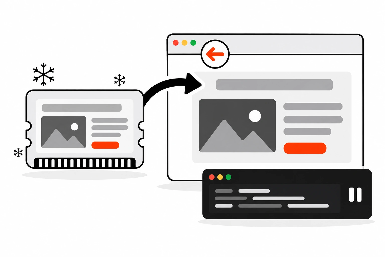 Flat vector illustration of a browser window with a large back arrow button, and a frozen snapshot of the previous page held in a memory card beside it, ready to slide straight back into the window, with the back arrow highlighted in orange-red