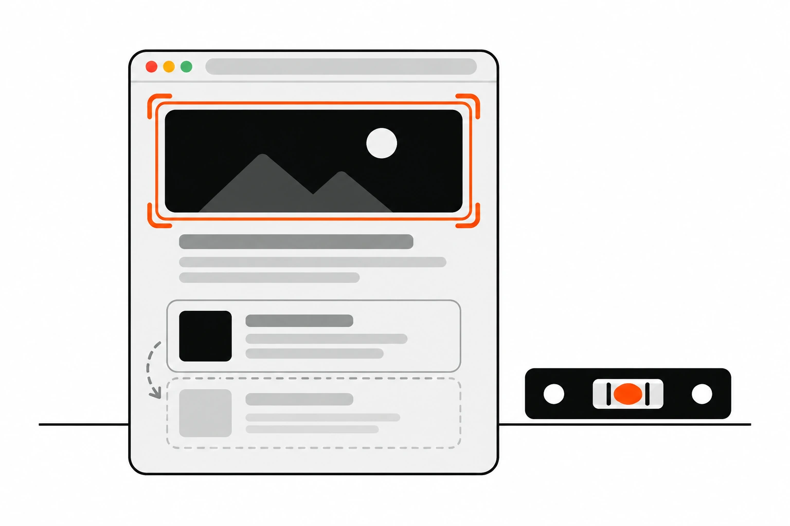 Flat vector illustration of a web page card whose content blocks are held steady by an orange-red reserved frame, while a dashed outline shows where a block would have jumped down