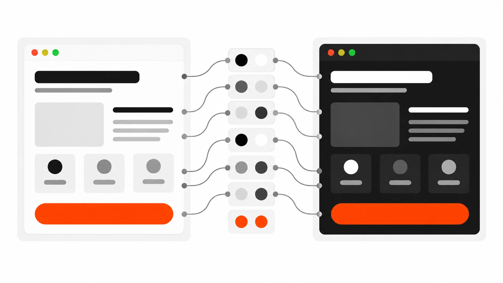 Light and dark interface cards sharing the same semantic tokens mapped to different primitive colors