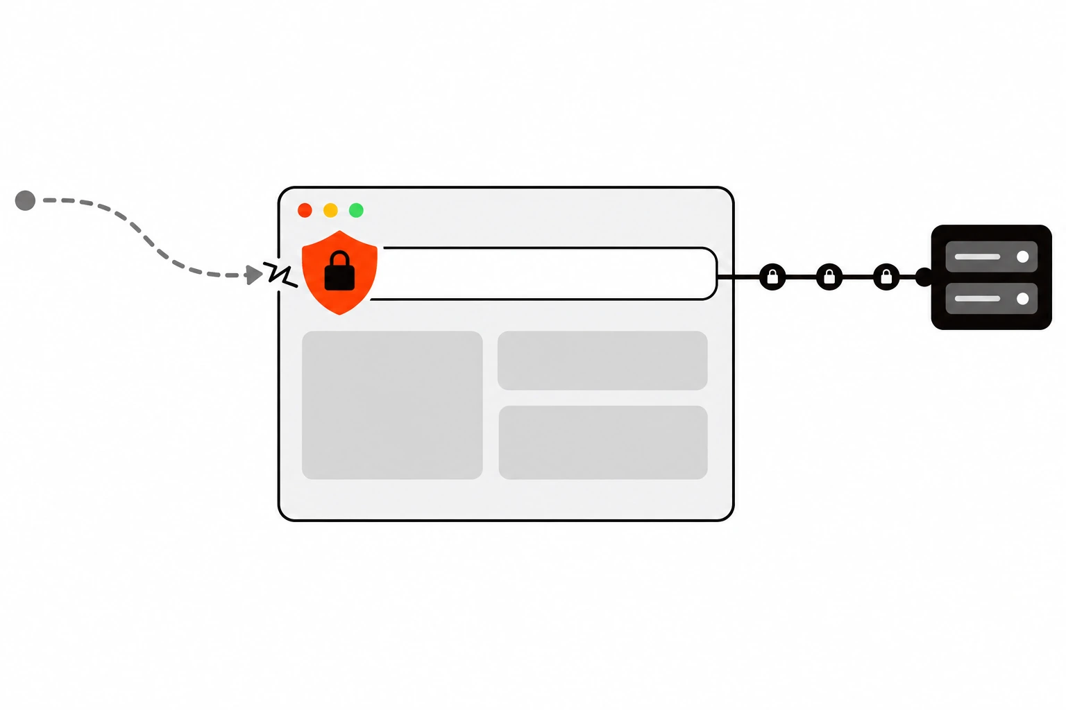 Flat vector illustration of a browser address bar card with a padlock shield in orange-red blocking a dashed insecure arrow trying to downgrade the connection, while a solid secure line continues to a server card