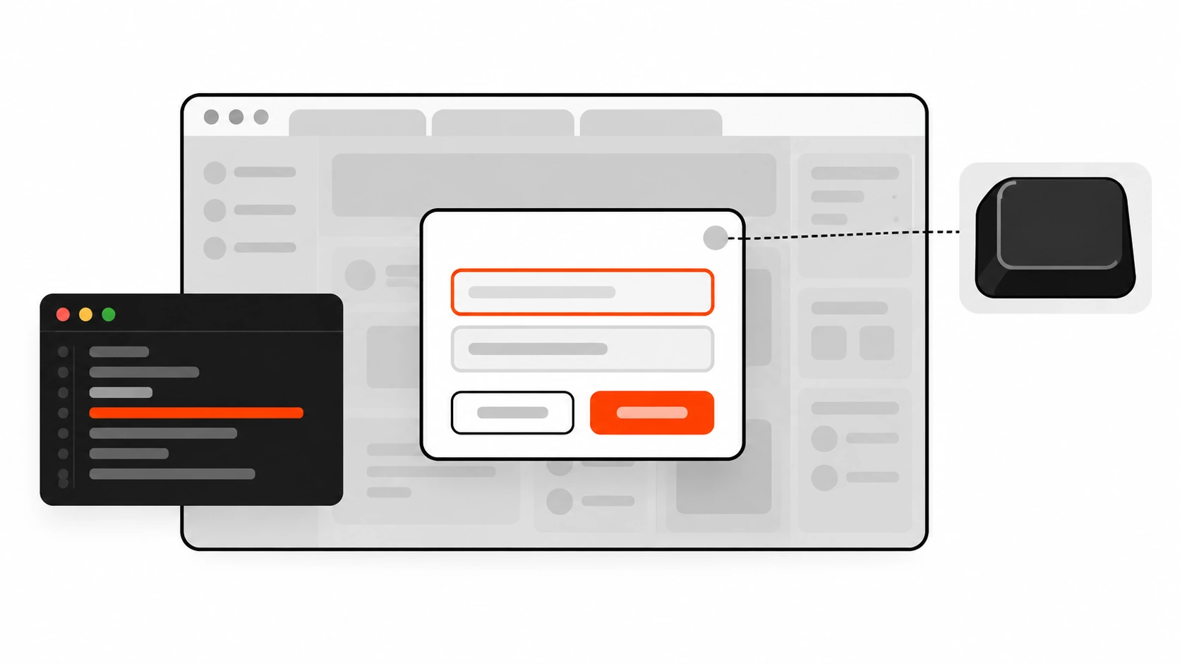 Flat vector illustration of a browser window with dimmed page content behind a translucent backdrop, a centered white modal dialog card with an orange-red focus ring on its first field, a blank keyboard key linked to the close control, and a small dark code panel