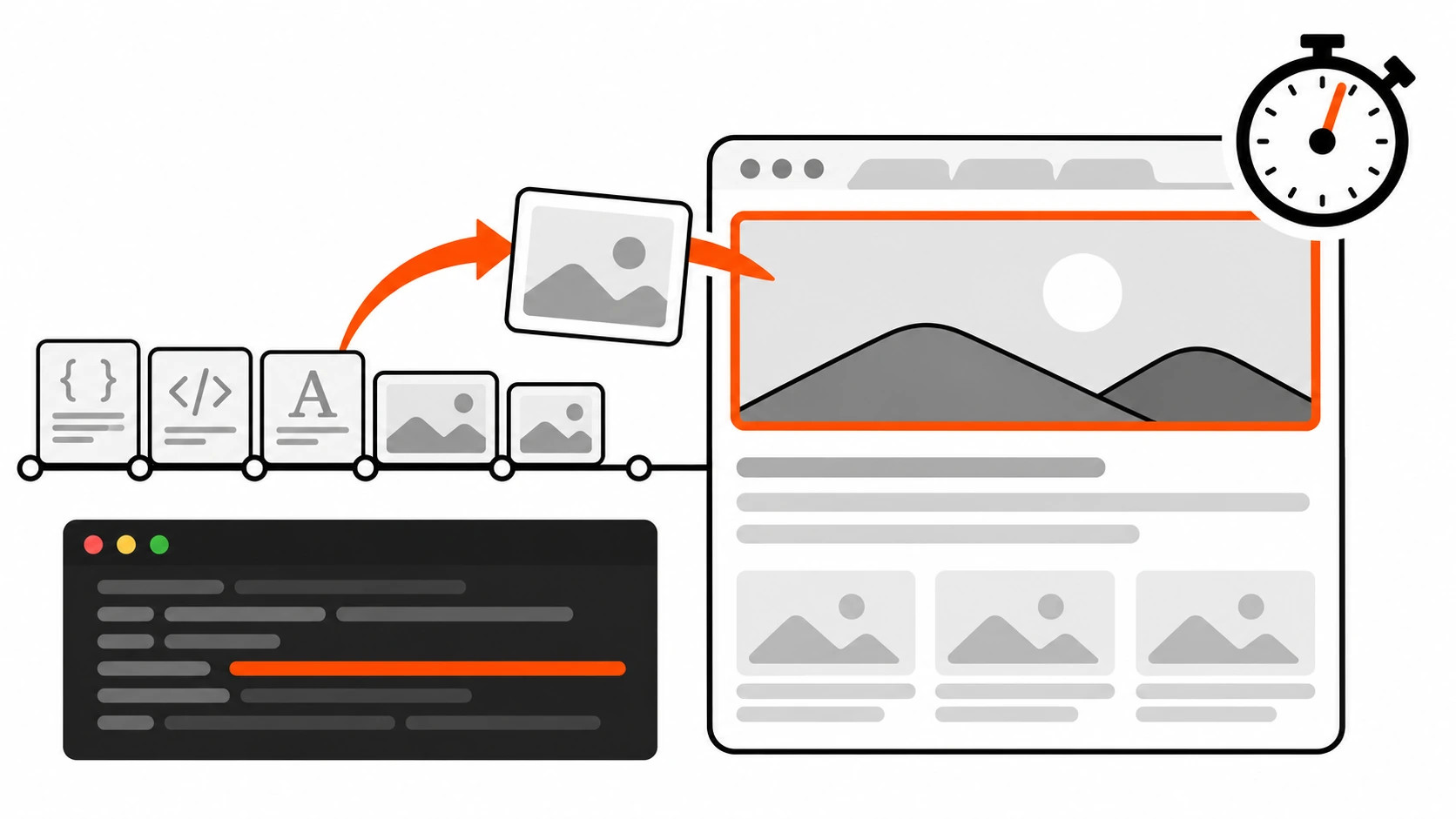 Flat vector illustration of a browser window whose large hero image loads first, carried by an orange priority arrow ahead of a queue of smaller page resources, beside a stopwatch