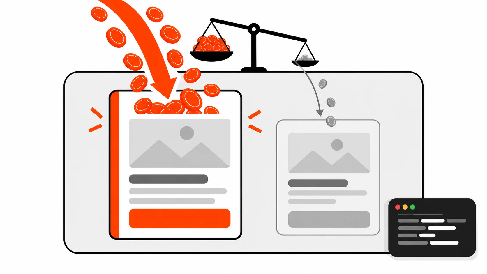 Flat vector illustration of one ad set box holding two ad cards: the winning card pulls a thick orange-red stream of coins while the new ad card gets only a thin gray trickle, with an unequal balance scale tipped toward the winner