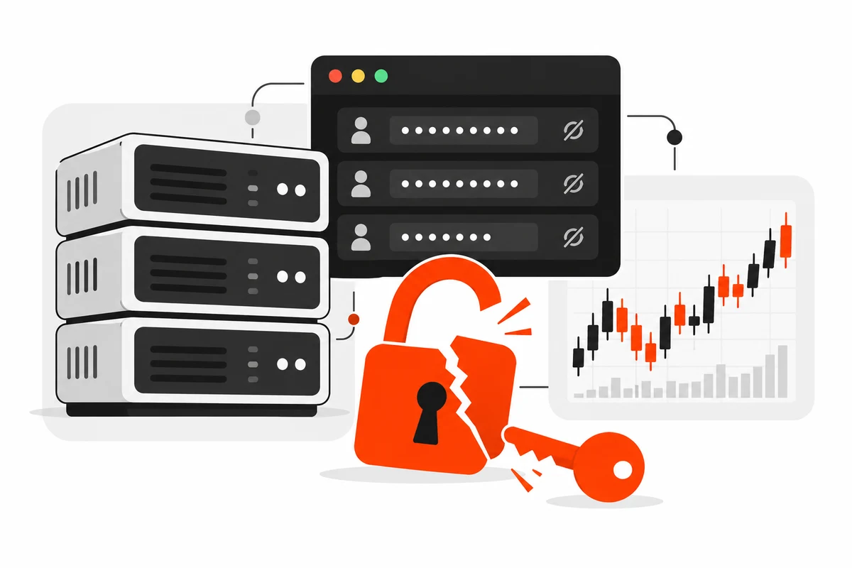 Flat vector illustration of a server stack, a dark panel of masked trading logins, a candlestick chart and a broken orange-red padlock with a key