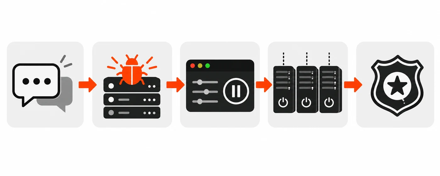 Timeline of the GMO Onamae.com Desktop Cloud breach: customer inquiry, malware confirmed, control panel suspended, all servers shut down, police consulted