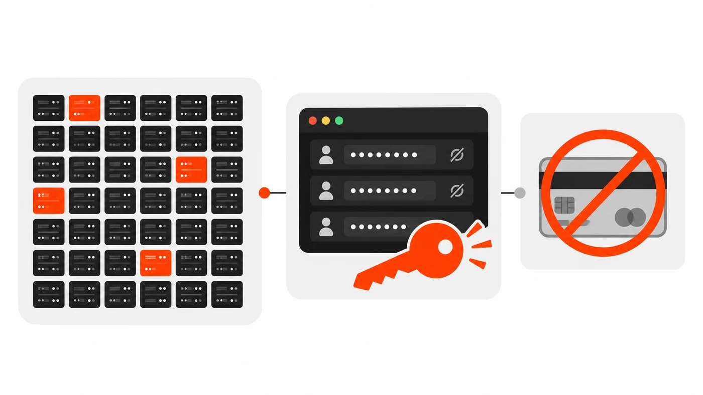 Grid of servers with a few highlighted as affected, a dark panel of masked trading logins with a key, and a crossed-out credit card showing payment data was not stored