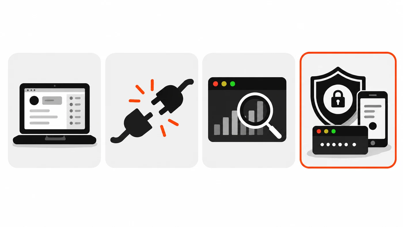 Four-card checklist: use another device, log off sessions, check trade history, turn on two-factor authentication