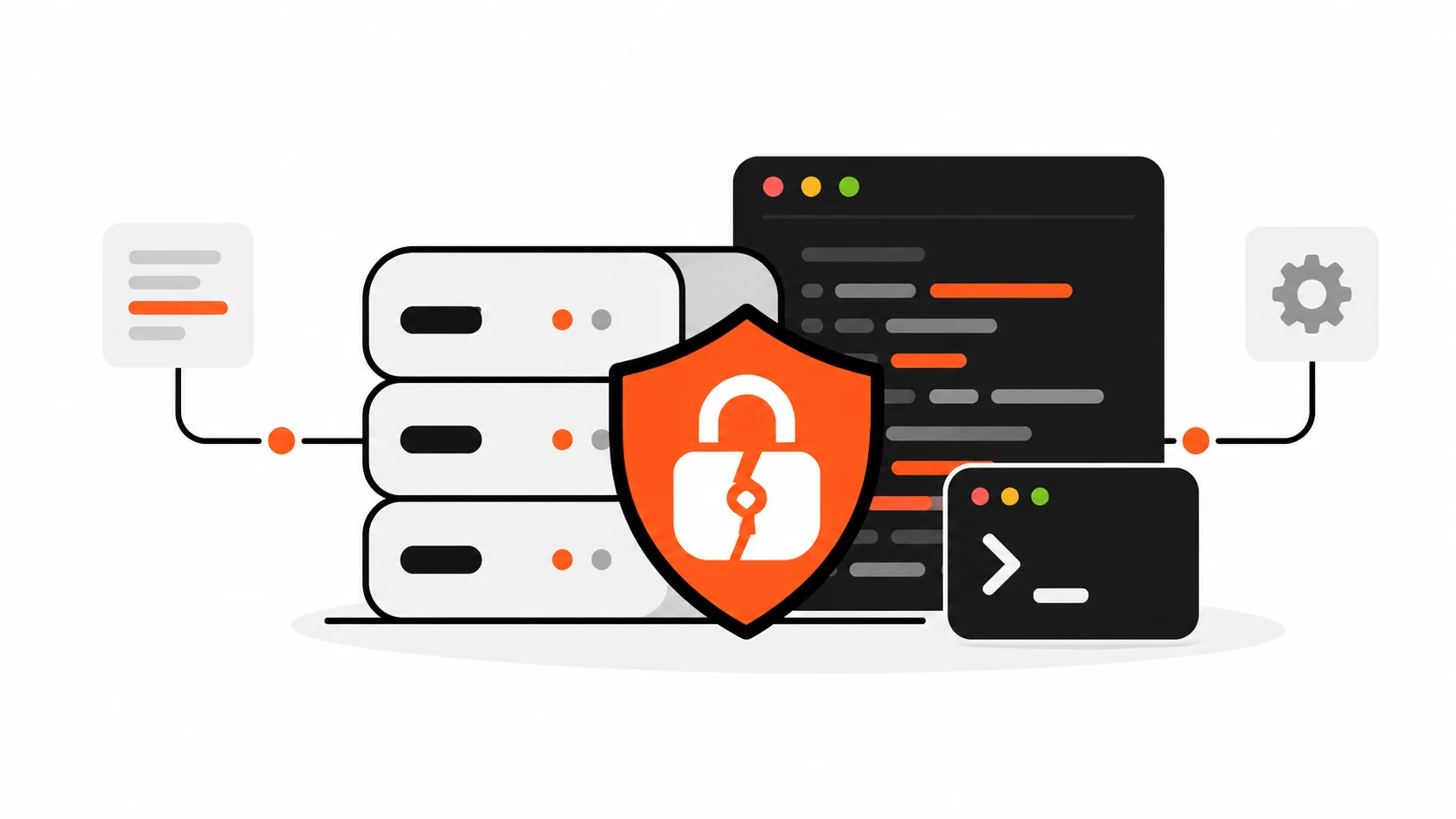 Illustration of a PHP server stack with a code panel and a cracked padlock shield in orange-red, representing the PHP2Shell vulnerabilities