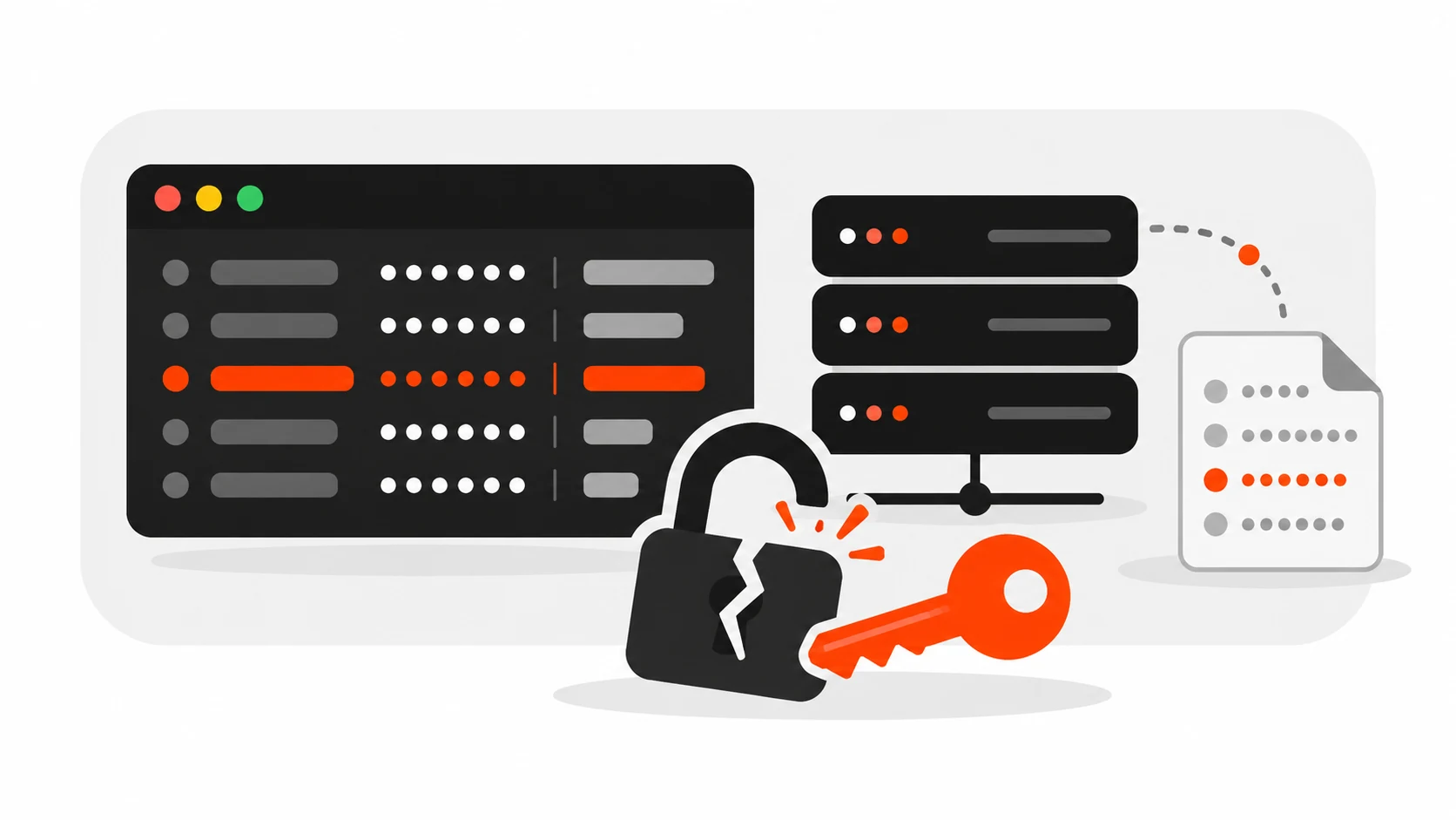 Flat vector illustration of a server stack, a dark code panel with masked key rows, a broken padlock and an orange-red leaked key