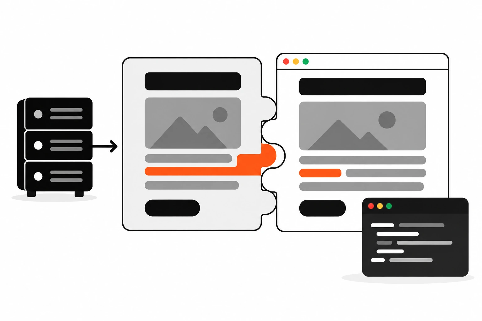 Flat vector illustration of a server-rendered page layout and a browser-rendered copy side by side, lined up like two puzzle halves, with one mismatched tile highlighted in orange-red where they fail to fit