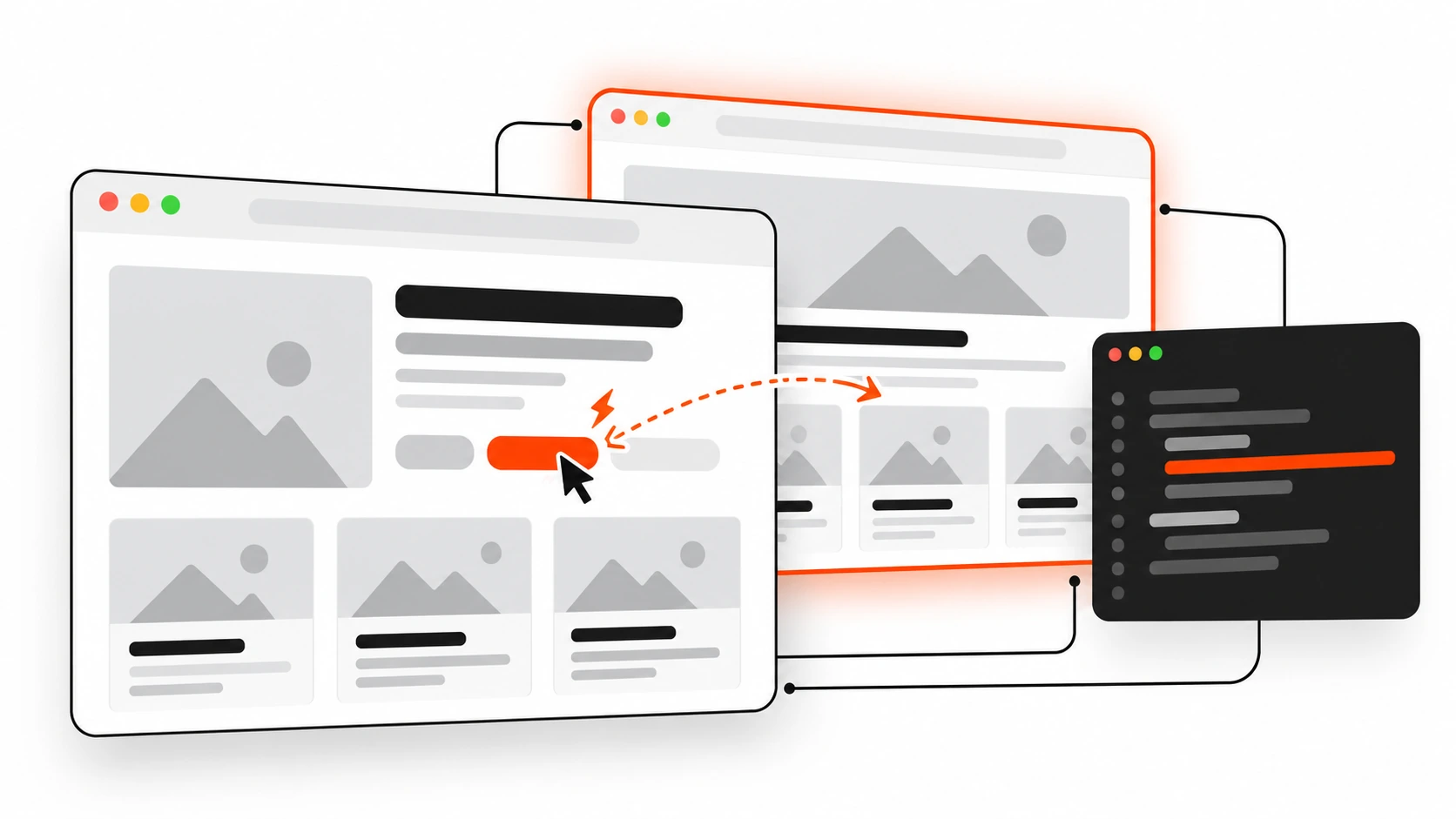 Flat vector illustration of a browser window with a cursor hovering a link while the next page is already prerendered behind it, outlined in orange-red