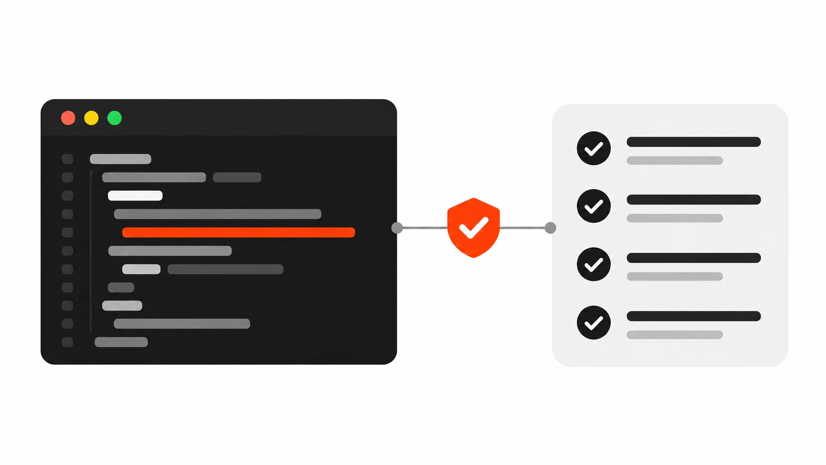 Flat vector illustration of a dark code panel with one line underlined in orange-red, linked through an orange-red check badge to a light-gray checklist card, showing TypeScript satisfies validating a config object