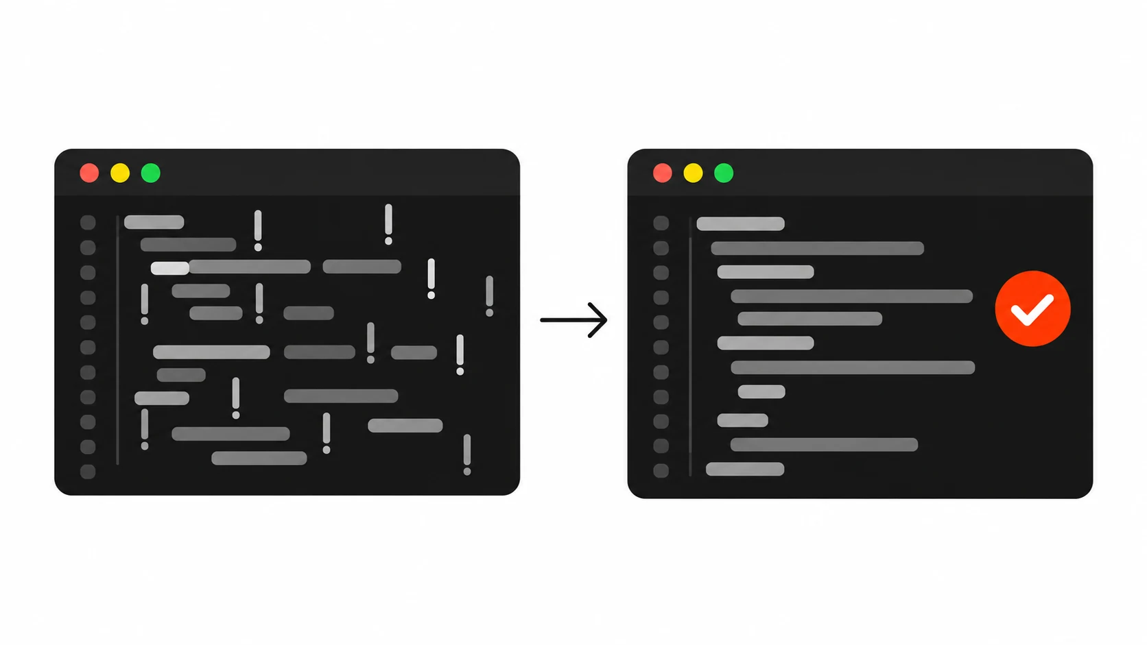 Before and after infographic: a cluttered code panel full of non-null assertion marks next to the same panel cleaned up with a single orange-red check mark