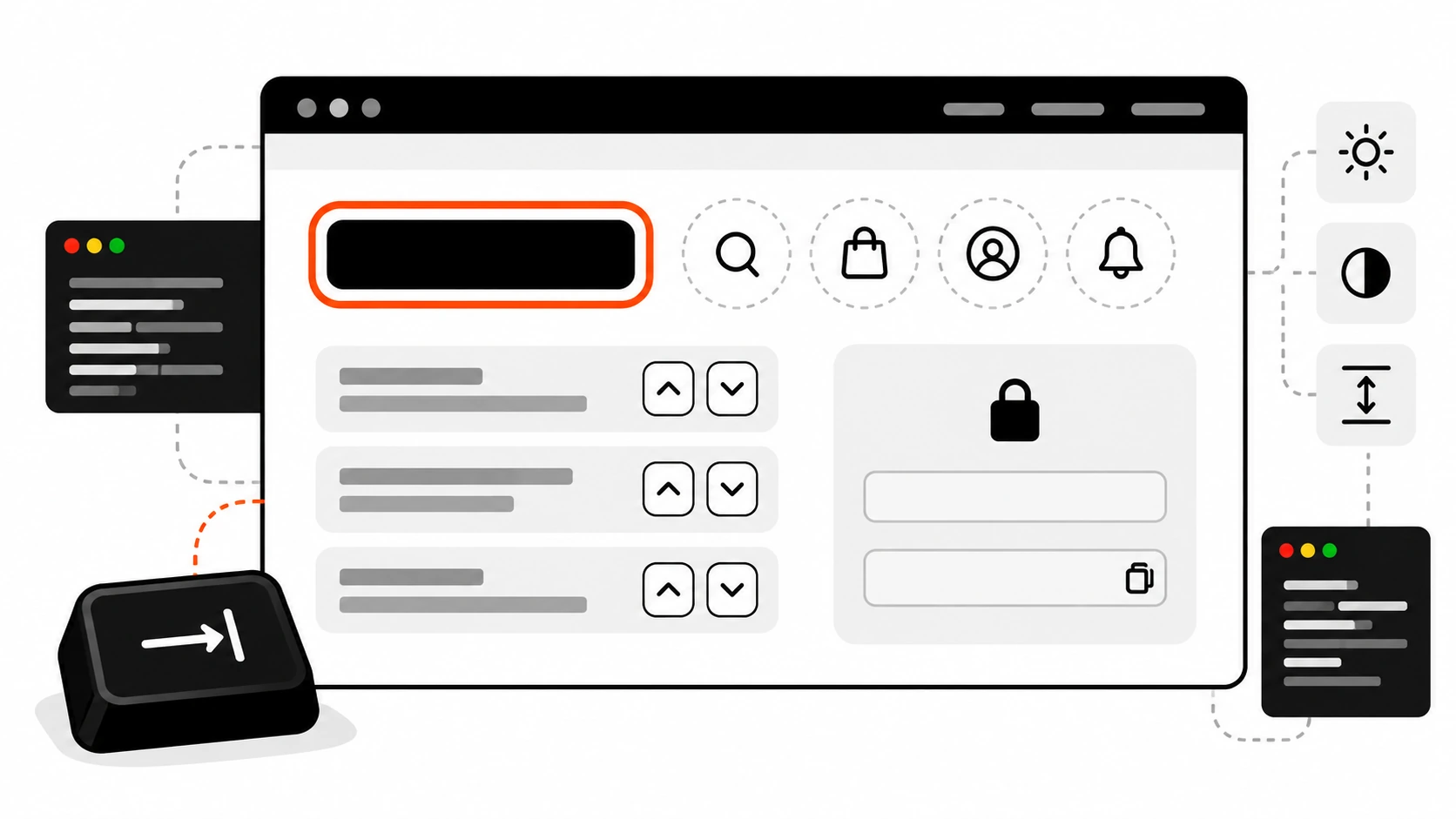 Flat vector illustration of a browser window with a sticky header bar and a large rounded button wearing a thick orange focus ring that sits clear of the header, surrounded by evenly spaced icon buttons, a padlock login card and a short sortable list with up and down arrow buttons