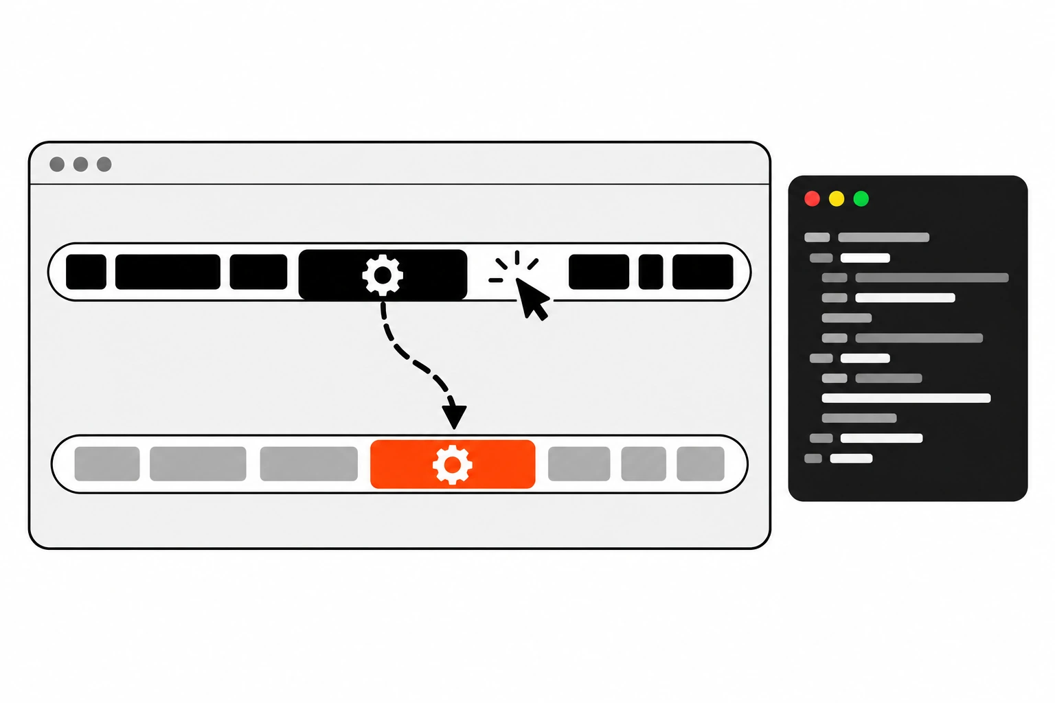 Flat vector illustration of a browser window with a busy main thread lane full of long task blocks, where one heavy gear-shaped block is lifted by a dashed arrow onto a separate background worker lane, leaving the main lane clear for a cursor click, with the moving block highlighted in orange-red