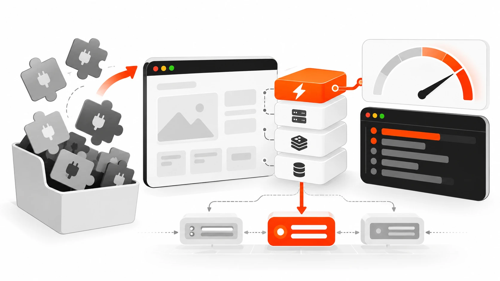 Vector illustration of WordPress performance tuning cutting plugin bloat and improving TTFB