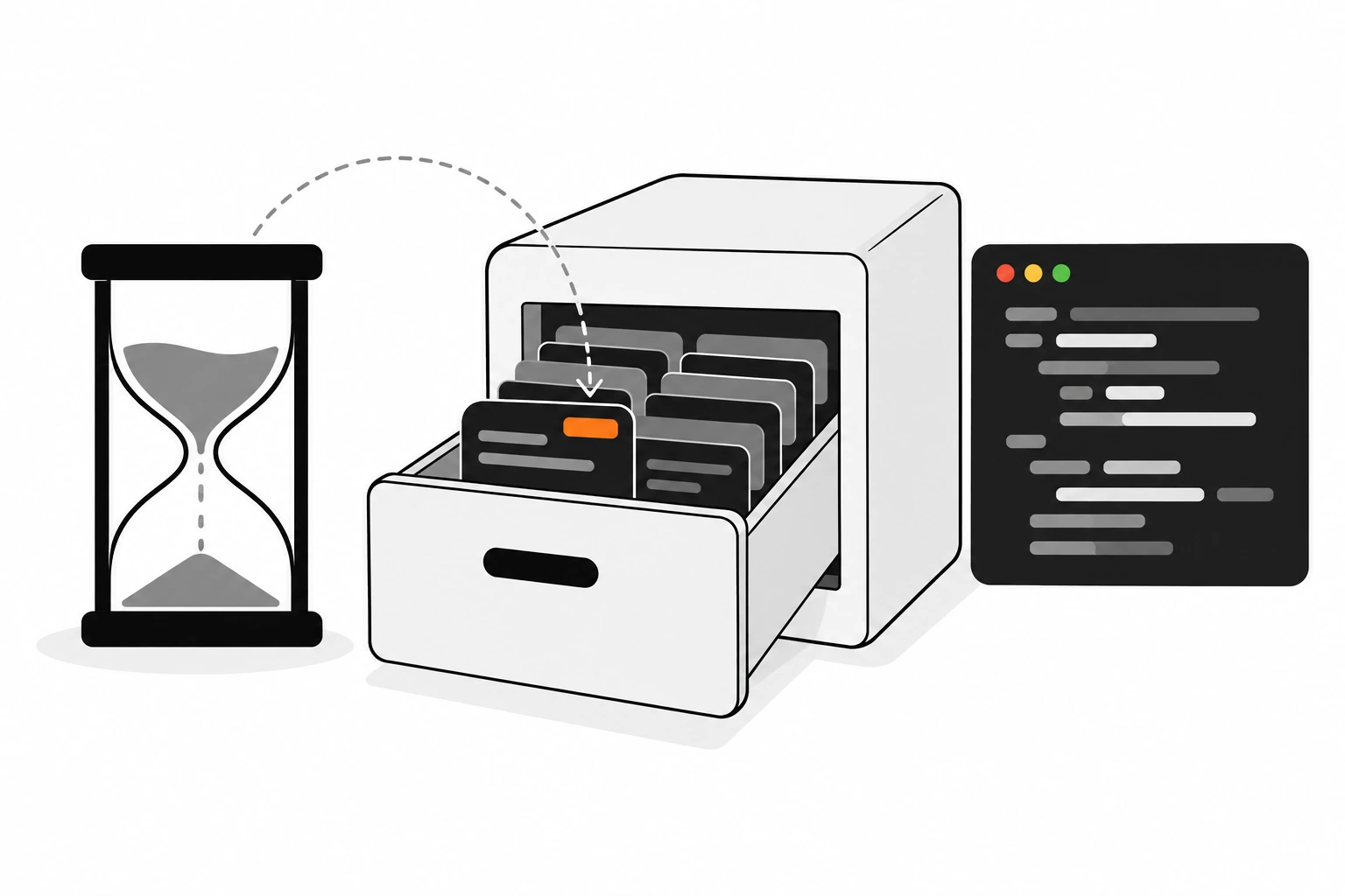 Flat vector illustration of an hourglass beside an open cache drawer holding stacked data cards, with one card marked by an orange-red tag to show a cached value with a time limit
